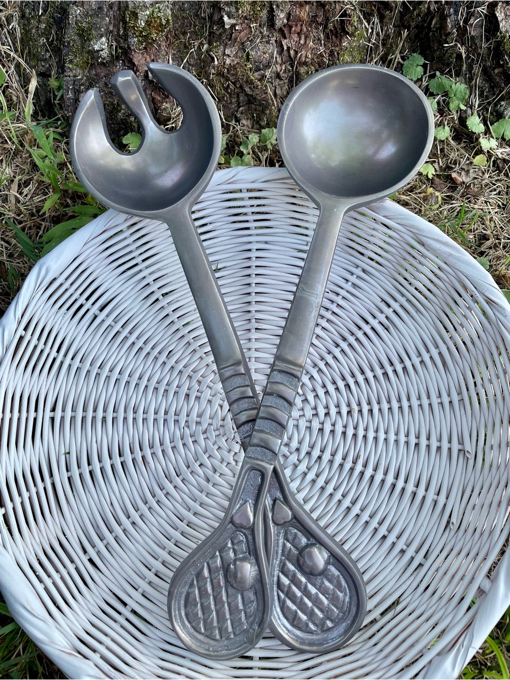 Vintage Pewter Tennis Spoon and Salad Server Set